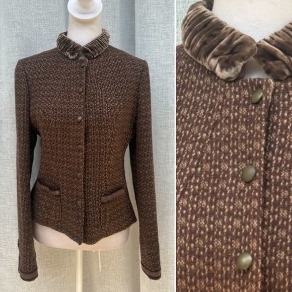 Tahari Brown tweed velvet collar button down jacket - Picture 1 of 10